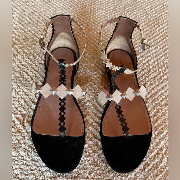 Alaia Leather and Suede Flat Sandals, Black and Nude